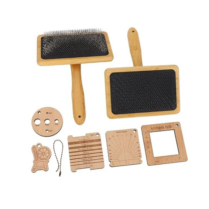 Wooden Knitting Gauge Set, 8 Piece Knitting Tool Set, Wood Blending Board Carding Brush Set with, Wooden Wool Carder Hand Carders for Needle Felting Supplies for Dogs Weaving