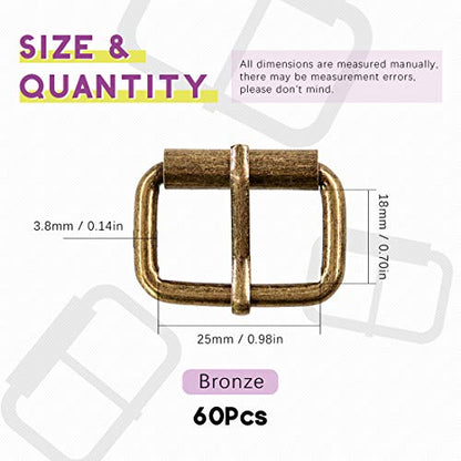 Swpeet 60Pcs 1 Inch / 25mm Heavy Duty Metal Ring Buckle Webbing Belts - color: Bronze, style: Metal Roller Buckles