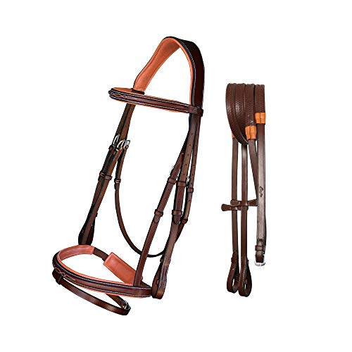 Exion Horse Snaffle Jumping Bridle with Removable Flash & Rubber Reins | Anatomical MonoCrown, Padded Noseband, Fancy Stitched Browband | English Bridle - color: Oak Brown (Reddish Brown), size: Cob (Medium Size)