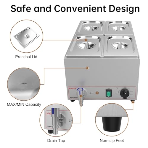 Valgus Commercial Stainless Steel 4 Sections Bain Marie Food Warmer 16 Qt - size: 4 Sections with Tap