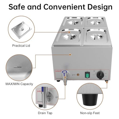 Valgus Commercial Stainless Steel 4 Sections Bain Marie Food Warmer 16 Qt - size: 4 Sections with Tap