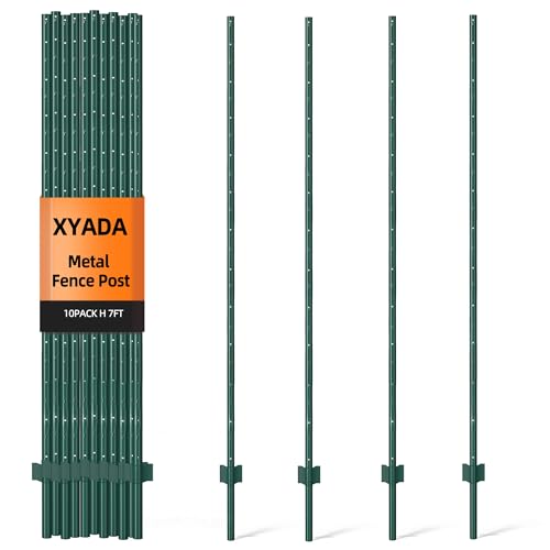 Metal Fence Post 7feet, Heavy Duty Garden Fence Post for Holding Wire Fence, Sign U Post Pack of 10 Sturdy Outdoor No Dig Fence Post for Garden Yard – Green - color: Green, size: 7FT-10PACK