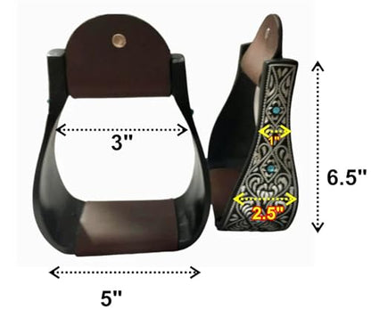 Majestic Ally Western Horse Aluminum Black Engraved Stirrups- Adults - style: Silver Black with Crystal