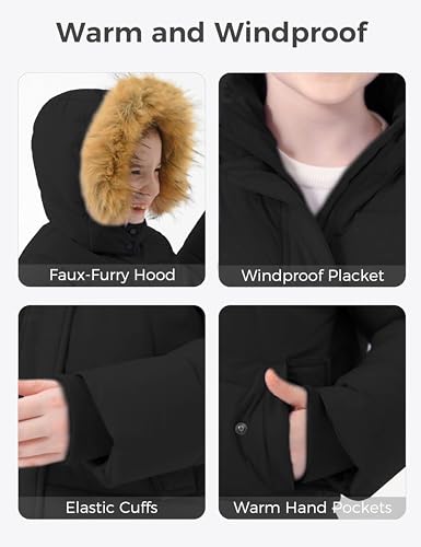 wantdo Girls' Waterproof Winter Coat Long Puffer Jacket Warm Parka Hooded - color: Black, size: 8