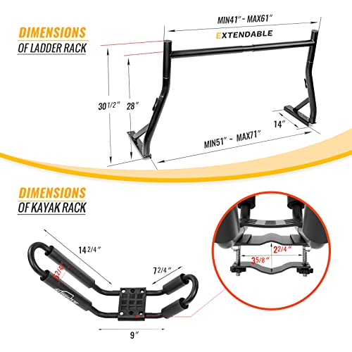 Model X35 Truck Rack with 8 Non-Drilling C-Clamps and 2 Sets Kayak J-Racks with Ratchet Lashing Straps & Ratchet Bow and Stern Tie Down Straps - color: KX-355