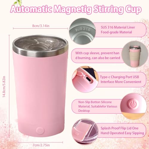 Self Stirring Mug with Lid, 13.5oz Magnetic Stirring Coffee Cup, Rechargeable 316 Stainless Steel, Auto-Mixing for Coffee, Milk, Protein Powder（Pink） - color: Pink