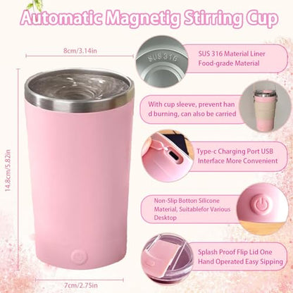 Self Stirring Mug with Lid, 13.5oz Magnetic Stirring Coffee Cup, Rechargeable 316 Stainless Steel, Auto-Mixing for Coffee, Milk, Protein Powder（Pink） - color: Pink