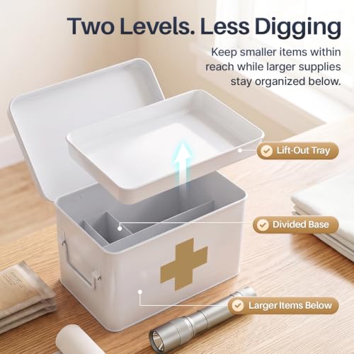Flexzion Large Metal First Aid Box Empty, 13-Inch, White with Gold Cross - color: White - Gold Cross, size: 13 Inch without Latch Lock