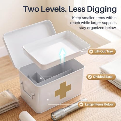 Flexzion Large Metal First Aid Box Empty, 13-Inch, White with Gold Cross - color: White - Gold Cross, size: 13 Inch without Latch Lock