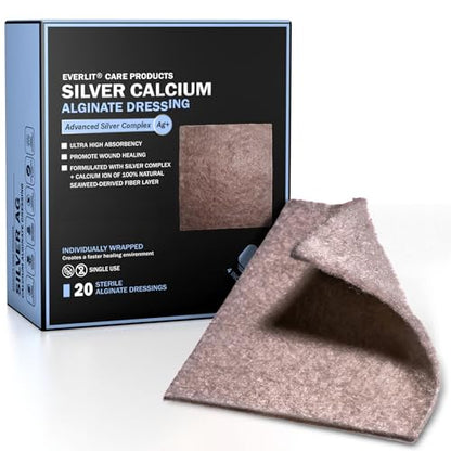 EVERLIT AG Silver Calcium Alginate Wound Dressing | Absorbent Non-Stick Sterile Dressing Pad | Gentle Hemostatic Gauze with Natural Gelling Fiber for Wound Care (4" x 4" | Pack of 20) - size: 4" x 4" | Pack of 20