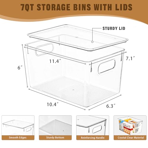 Freebat 12 Pack Clear Storage Bins with Lids, 7 Quart Pantry Organizer Bins | Large, Stackable Plastic Storage Containers, Pantry Organization for Office, Bedroom, Cabinet, Fridge,Kitchen Organization - size: 12 Pack Large