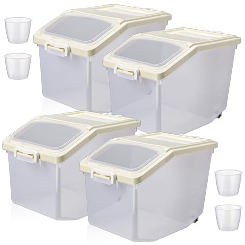 Sunnyray 4 Pcs Rice Storage Container Bulk 27.6 lb Airtight Flour Container with Wheels and Lids Measuring Cup Clear Pet Food Dog Birds Cat Food Bin Grain Cereal Organizer Box(Cream) - color: Cream