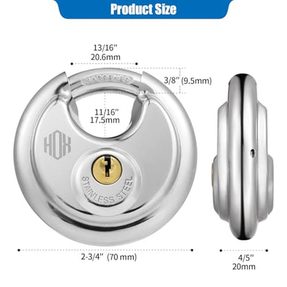 HOX Keyed Disc Padlock, Stainless Steel Keyed-Alike Padlocks, 2-Pack Heavy Duty Locks, Waterproof Outdoors Lock with 3/8 Inch Shackle, 2-3/4 Inch Wide Body, for Hasp Latch, Fences, Storage Locker - color: DP-2P