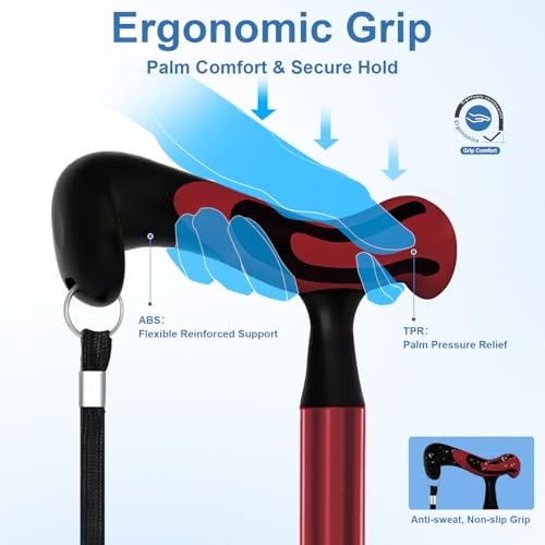 KingPavonini Walking Cane for Men Women Stability, Self Standing - color: Red