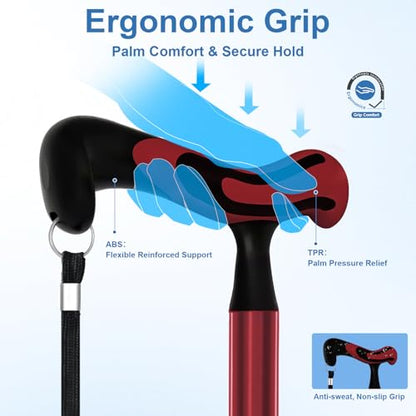 KingPavonini Walking Cane for Men Women Stability, Self Standing - color: Red