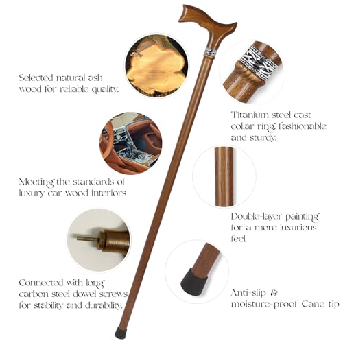 Wooden Walking Cane for Men, Ergonomic Handcrafted Cane, Ash Wood - color: Cane-B Caramel