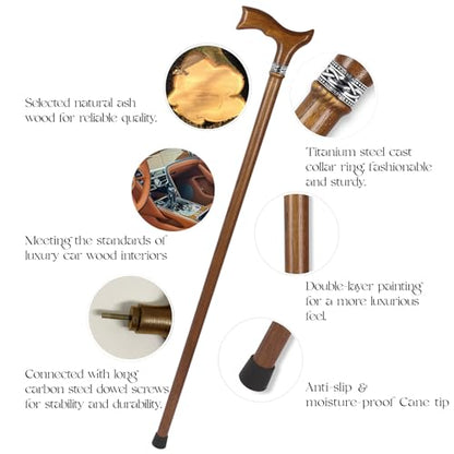Wooden Walking Cane for Men, Ergonomic Handcrafted Cane, Ash Wood - color: Cane-B Caramel