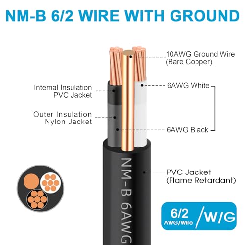 XMK NM-B 6/2 Wire with Ground,15FT 6 AWG Copper Wire,6 Gauge 2 Conductor - size: 15ft, style: 6 AWG-2 Conductor w/ Ground