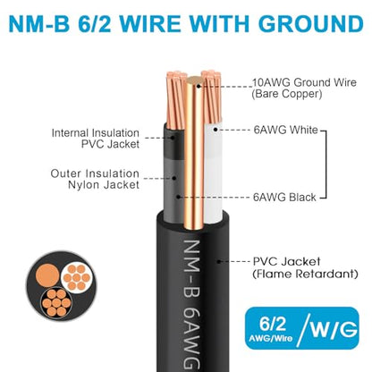 XMK NM-B 6/2 Wire with Ground,15FT 6 AWG Copper Wire,6 Gauge 2 Conductor - size: 15ft, style: 6 AWG-2 Conductor w/ Ground