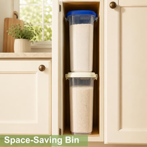 Large Rice Storage Container 15-20 Lbs, Tall Flour Container Dry Food Bin - color: Cream White