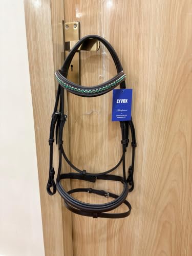 Horse Jumping Leather Bridle with Web Reins | Premium Genuine Leather English Bridle | Padded Browband & Noseband | Stainless Steel Buckles | Dark Brown Size Full - color: Havana Brown - Green Crystal