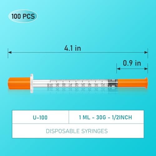 U-100 1ml/cc 30 Gauge 1/2 Inch Syringe, Individually Wrapped, Pack of 100. - size: 1ml-30G 1/2", style: 100