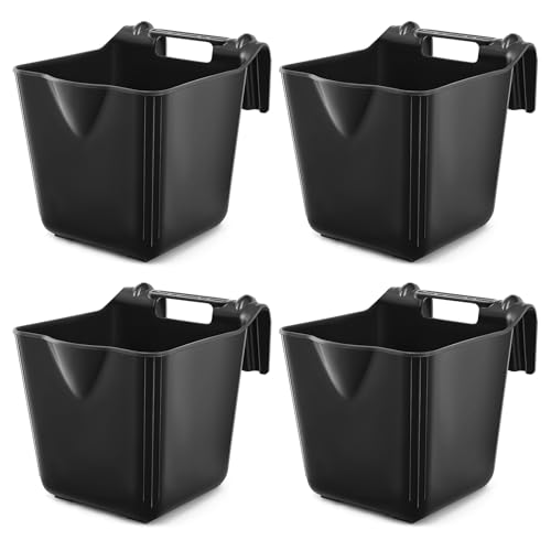 4 Pcs 15 Quart Plastic Hook Over Horse Feed Bucket for Stall Fence, Black - color: Black