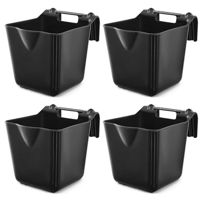 4 Pcs 15 Quart Plastic Hook Over Horse Feed Bucket for Stall Fence, Black - color: Black