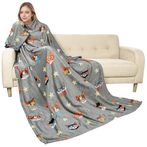 Catalonia Wearable Blanket with Sleeves for Women & Men, Fleece Wrap Throw - color: 80's Cat Dog Gray