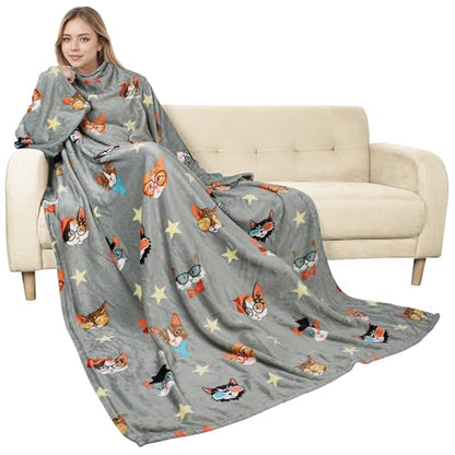 Catalonia Wearable Blanket with Sleeves for Women & Men, Fleece Wrap Throw - color: 80's Cat Dog Gray
