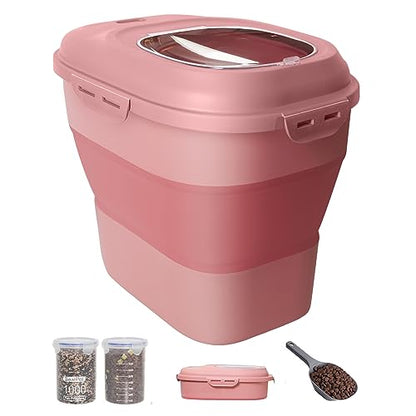 30-35Lbs Airtight Dog Food Storage Container,Collapsible Dog Food Container | Large Pet Food Storage Container with Double Airtight Seal & Magnetic Lid,Dog Food Bin with Wheels,2Pcs Containers,Scoop,Pink - color: Pink