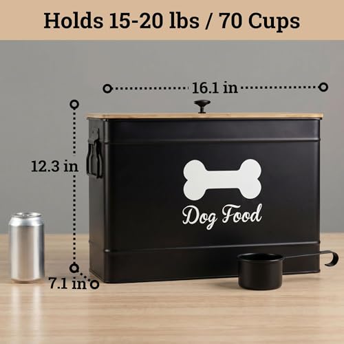 Metal Dog Food Container 15-20 lbs w/ Airtight Bamboo Lid, 70 Cup Capacity - color: Black