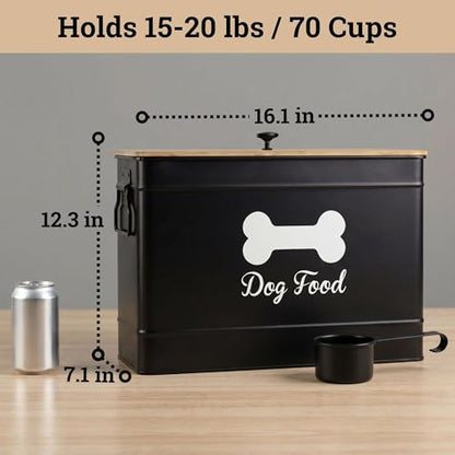 Metal Dog Food Container 15-20 lbs w/ Airtight Bamboo Lid, 70 Cup Capacity - color: Black