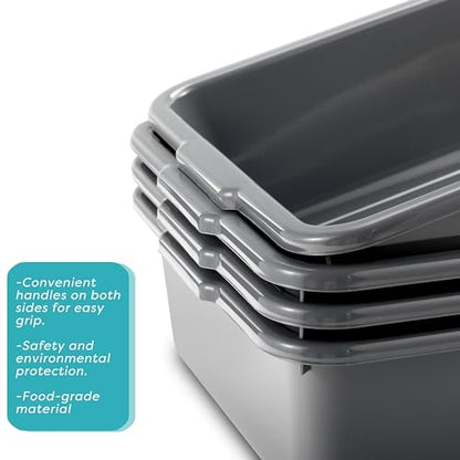 Commercial Bus Tubs Box/Tote Box, 13L Plastic Restaurant Tub, Wash Basin Tub 4-Pack, Grey