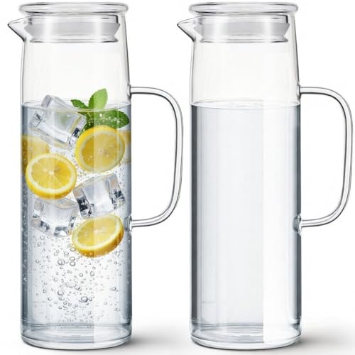 Hsei 2 Sets Glass Pitcher with Lid, 50 oz / 1500 ml Water Carafe with Handles Hot Cold Beverage Water Jar Glass Jug for Tea Juice Milk Coffee Iced Beverage (Glass Lid) - color: Glass Lid, size: 1.5l