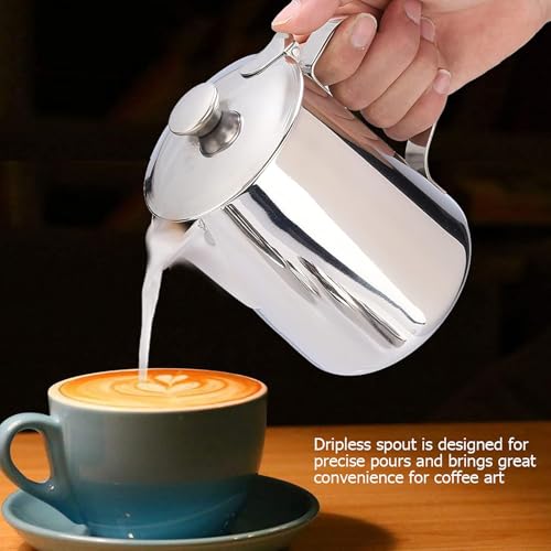 Stainless Steel Pitcher with Lid, 600ml Stainless Steel Milk Frothing Pitcher Coffee Latte Frothing Art Jug Pitcher Mug Cup for Latte Coffee Art for Office Kitchen - size: 600ML