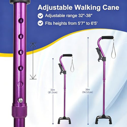 Stand Secure Cane with Stand Up Assist Handle for Elderly, 4 Prong Adjustable Walking Canes for Seniors Women and Men, Non-Slip Wide Base, Aluminum Foldable Stand Cane - color: Purple
