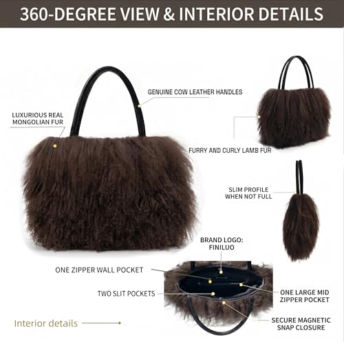 Women Luxury Real Curly Mongolian Lamb Fur Purse - color: Brown