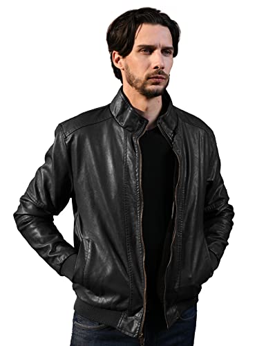 WenVen Men's Stand Collar Fleece Lined Faux Leather Jacket Warm Winter Coat | Bomber Outerwear - color: Black, size: Large