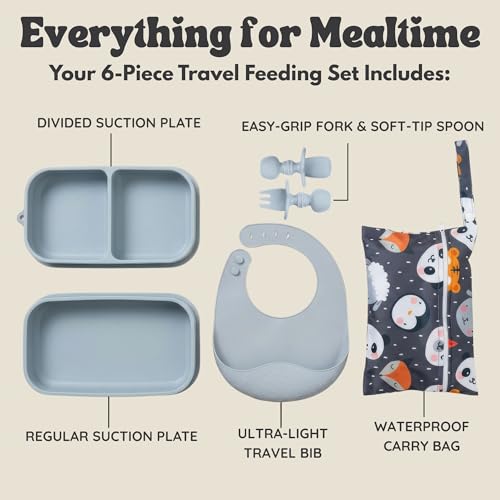 Baby Travel Feeding Set with Silicone Suction Plates, Grey Small - color: Gray