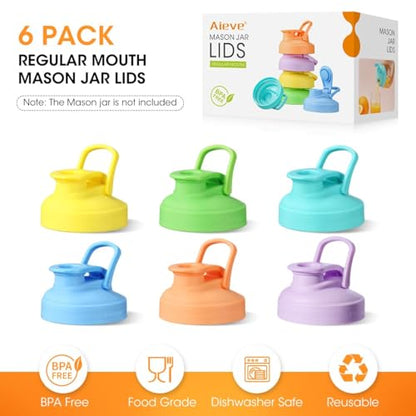 Aieve 6 Pack Mason Jar Lids, Regular Mouth Pour Spout Lid with Flip Top, Canning Lids for Ball Mason Jars to Drinking & Storing Milk Coffee Lemonade Salad Dressing, Reusable, Leak-Proof - size: 6 Pcs Regular Mouth Lids