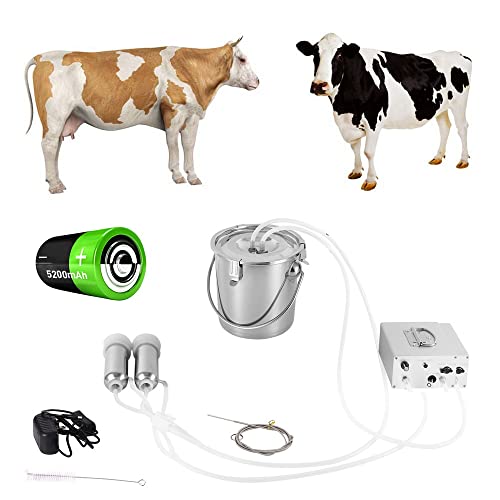 3L Cow Electric Milking Machine, Automatic Rechargeable Battery Powered Pulsation Vacuum Pump with 2 Teat Cups Stainless Steel Bucket for Goat(Battery Model) - color: Cow, size: 3LBattery