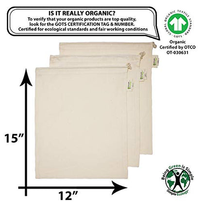 Simple Ecology Reusable Grocery Produce Shopping and Storage Bags, Organic Cotton Muslin, Large 3 pack - size: Large (12"x15") - 3 Pack