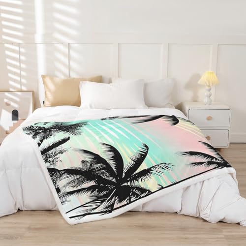 Feelyou Palm Tree Print Sherpa Blanket Hawaiian Tropical Island Fleece Throw Blanket Botanical Branches Plush Fuzzy Blanket for Sofa Bed Couch 50" x 60" - color: Multi 27, size: 50" x 60"