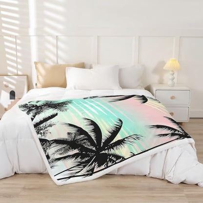 Feelyou Palm Tree Print Sherpa Blanket Hawaiian Tropical Island Fleece Throw Blanket Botanical Branches Plush Fuzzy Blanket for Sofa Bed Couch 90" x 90" - color: Multi 27, size: 90" x 90"