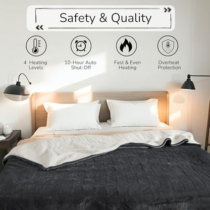 Electric Heated Blanket 90"x100" King Size - Iron Gray | Dual-Sided Microplush Sherpa for Bedroom Couch Use, 4 Heat Settings & 10 Hours Auto Off, Dual Controller, Machine Washable - color: 01-iron Gray, size: King(90"x100")