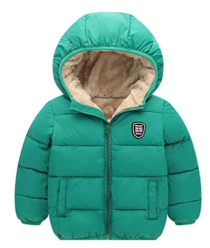Happy Cherry Boys Girls Winter Thick Jacket Warm Fleece Fur Lining Zipper Hooded Windproof Coat Outwear for 1-7 Years - color: Green, size: 5-7 Years
