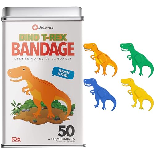 BioSwiss Bandages, Dinosaur Shaped Self Adhesive Bandage Set, Latex Free, Sterile Wound Care, 50 Count - size: 50-Count Tin, style: Dinosaur