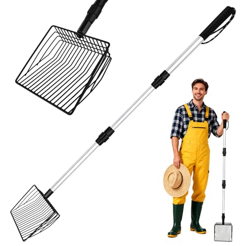 DAMAH 2-in-1 Chicken Poop Scooper & Rake, Adjustable 23-46" Stainless Steel Handle, Litter Scooper & Sand Sifting Shovel for Chicken Coop Goat Stall and Stable Cleaning