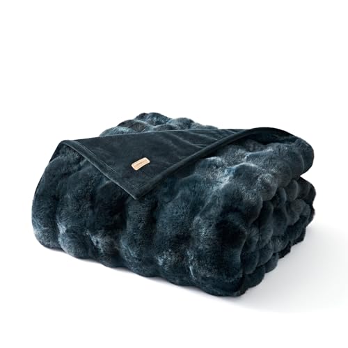 EverGrace Faux Rabbit Fur Bubble Throw Blanket, 60"x80", Marble Deep Indigo - color: Deep Indigo Marble, size: 60"x80"